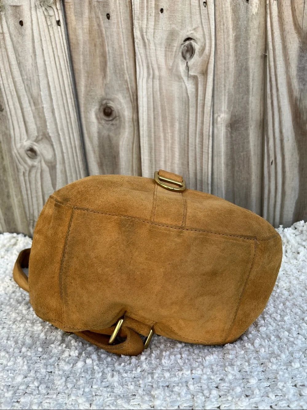 DKNY Suede Drawstring Backpack — Tan Suede with Gold Hardware